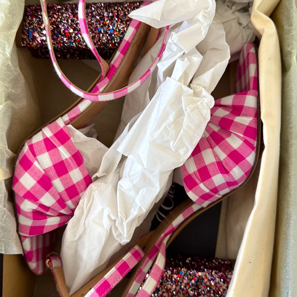 J. Crew Gingham Ankle Strap Glitter Heels